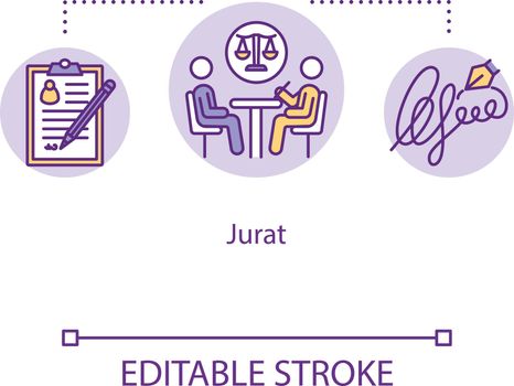 Jurat concept icon. Advocate assistance. Contract confirmation. Affidavit and official document. Common law idea thin line illustration. Vector isolated outline RGB color drawing. Editable stroke