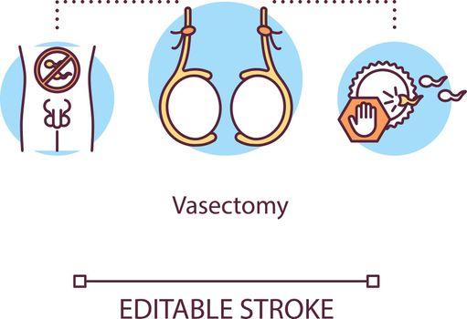 Vasectomy concept icon. Permanent contraceptive method. Surgical procedure for man. Male sterilization idea thin line illustration. Vector isolated outline RGB color drawing. Editable stroke
