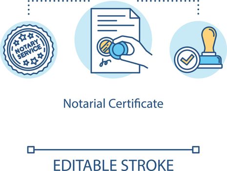Notarial certificate concept icon. Notarization for official papers. Confirmation form. Common law document idea thin line illustration. Vector isolated outline RGB color drawing. Editable stroke