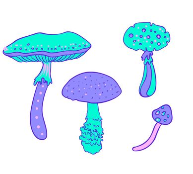 Magic mushrooms. Psychedelic hallucination. Vibrant vector illustration. 60s hippie colorful art in pink pastel goth colors isolated on white.