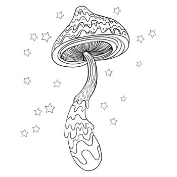 Magic mushrooms. Psychedelic hallucination. Outline vector illustration isolated on white. Coloring book for kids and adults.