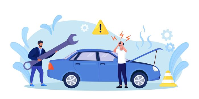 Car accident. Disappointed man in panic standing beside broken auto without insurance.Vehicle damaged, automobile crash. Breakdown of the car on the road. Spoiled transport needs repair