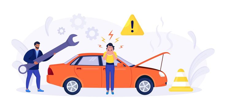 Car accident. Disappointed woman in panic standing beside broken auto without insurance.Vehicle damaged, automobile crash. Breakdown of the car on the road. Spoiled transport needs repair.