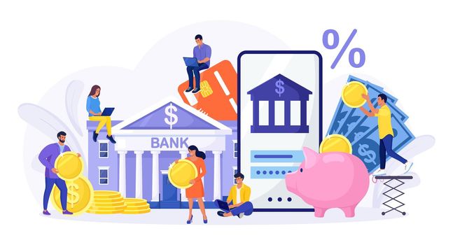 Mobile banking and finance management. Internet payments, transfers and deposits. People using laptop and smartphone for online banking and accounting. Manage finances save for future investment