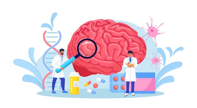Scientist study human brain and psychology. Doctor neurologist character examine huge organ and diagnosis controlled pills treatment. Neurology disease diagnostics. Treating headache, migraine.