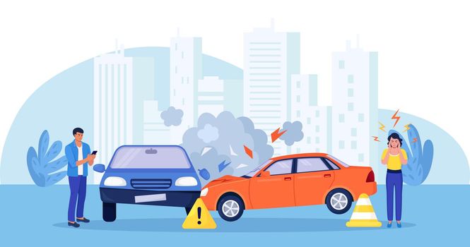 Upset drivers standing near crashed cars. Road traffic accident. Car crash on the road. Vehicle is broken in the city. Smashed auto on highway. Collision of vehicles, wreck. Automobile damaged