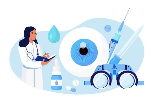 Ophthalmology medicine and optical eyesight examination. Idea of eye care and vision. Ophthalmologist doctor tests myopia. Patient sight correction, treatment with pills drops and glasses