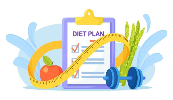 Diet Plan Checklist with Vegetables, Fruit and Measuring Tape. Nutrition for Weight Loss, Calorie Control, Individual Dietary. Health Lifestyle, Fitness, Sport, Training