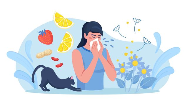Woman with allergy from pollen, cat fur, citrus, peanuts or berry. Runny nose and watery eyes. Seasonal disease. Causes of allergy. Illness with cough, cold and sneeze symptoms