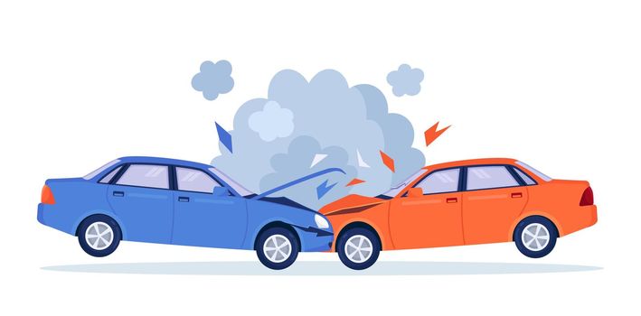 Car crash on the road. Red and blue cars are broken in the city. Road traffic accident. Smashed cars on highway. Collision of vehicles. Automobiles damaged