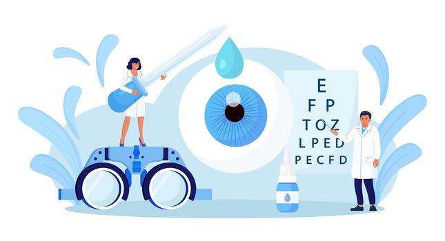 Ophthalmology concept. Ophthalmologist Doctor Checks Patient Eyesight. Optical Test for Eyes. Good Vision and Care. Oculist Pointing at Eye Test Chart. Ophthalmological Sight Examination and Treatment