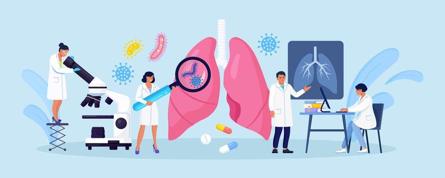 Pulmonology concept. Group of Doctors Check Up Lungs Affected by Coronavirus. Doctor Exam Respiratory System, Treat Lung Disease. Fibrosis, Tuberculosis, Pneumonia, Cancer