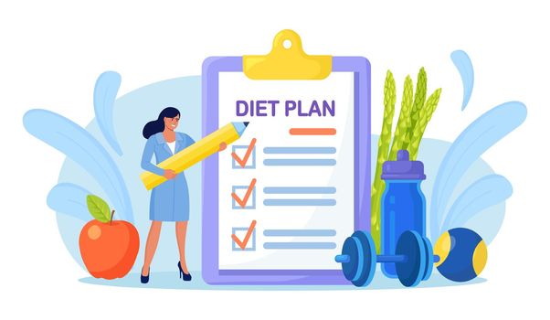 Nutritionist Make Diet plan, Checklist. Doctor Planning Diet with Fruit and Vegetable. Nutrition for Weight Loss, Calorie Control, Individual Dietary. Health Lifestyle, Fitness, Sport, Training