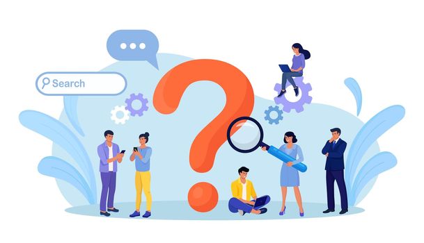 Frequently asked questions, information retrieval. Business people ask questions using laptop, phone. Group of woman and man look for answers around big question mark. Faq concept