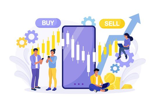 Tiny people stock traders buy and sell shares with mobile phone app. Technical analysis candlestick chart. Global stock market index, trade exchange. Forex trading strategy. Investing in Stocks