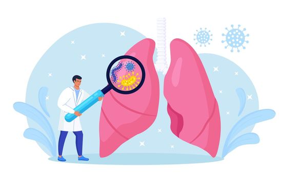 Pulmonology. Tiny doctor examining lungs with magnifier. Tuberculosis, pneumonia, lung cancer treatment or diagnostic. Internal organ inspection for respiratory system illness, disease or problems