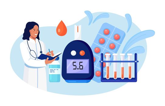 Doctors testing blood for sugar and glucose, using glucometer for hypoglycemia or diabetes diagnosis. Laboratory test equipment, pills and test tubes