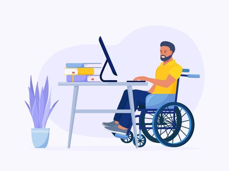 Disabled Man in Wheelchair  Working at Computer in Home Office. Handicapped Person at Workplace. Disabled People Employment and Social Adaptation