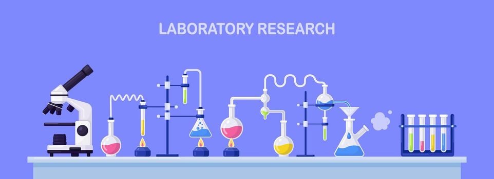 Chemistry lab equipment. Flasks, beakers, burner, microscope isolated on background. Science instruments for chemical or biological researching