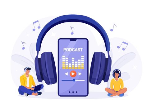 Young people in headphones sitting on the floor and listening to podcast on a smartphone. Online podcasting show, radio. People listening speakers from broadcasting station. Webinar, internet training