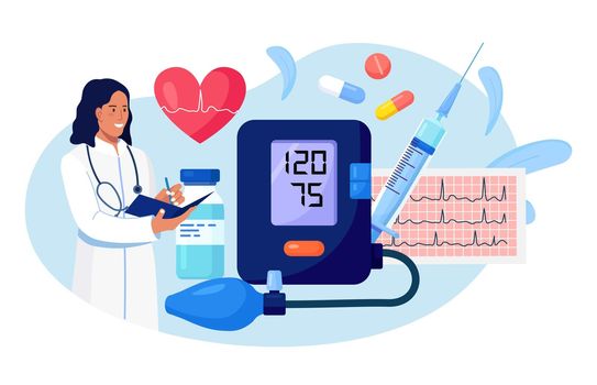 Hypertension, hypotension disease. Doctor writing results of cardiology checkup. Big sphygmomanometer with cardiogram, medications, syringe, heart. Cardiologist measuring patients high blood pressure