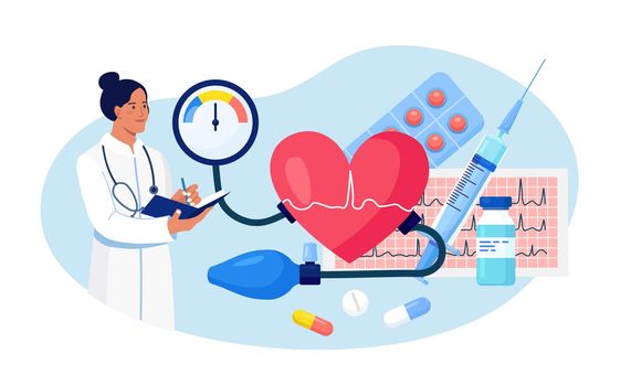 Hypertension, hypotension disease. Doctor writing results of cardiology checkup. Big heart with sphygmomanometer, cardiogram, syringe, medications. Cardiologist measuring patients high blood pressure