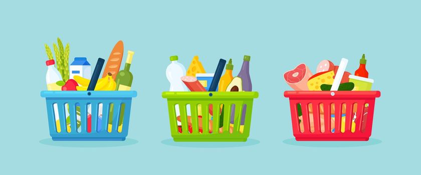 Plastic shopping baskets for supermarket. Shopping basket full of grocery products, fresh healthy food, drink