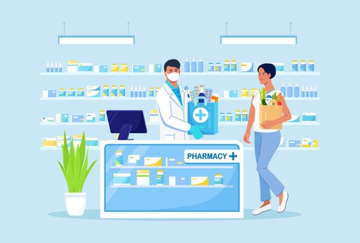 Doctor Pharmacist Consulting Patient in Pharmacy Store. Man in Drugstore with Paper Bag with Medicines, Drugs, Pills and Bottles inside. Pharmaceutical Industry. Customer Standing near Cashier Desk 
