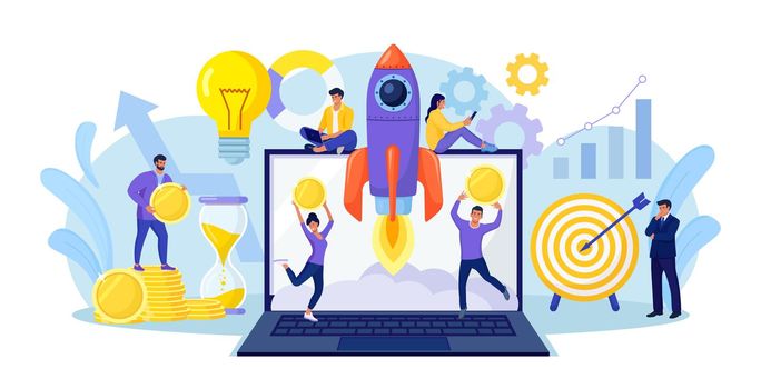 Successful startup launch. Space rocket flies up with graphs charts and diagram on laptop screen. Tiny businessmen developing business project with new ideas, vision, growth strategy, innovation
