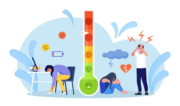 Thermometer as stress level scale emotions. Scale with arrow from red to green. Frustration and stress, Emotional overload, burnout, overworking, depression diagnosis. Mental disorder
