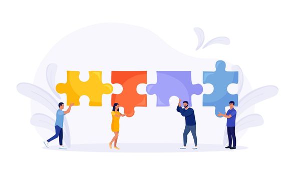 Tiny people connecting puzzle pieces trying to find a solution together. Effective workflow. Teamwork, cooperation, partnership and collaboration. Business concept