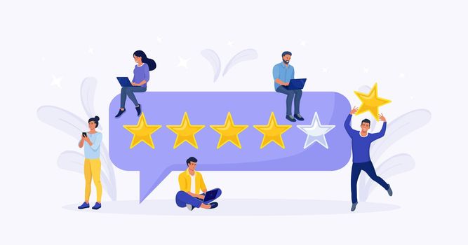 Customers giving feedback on laptop, man holding review star over his head. Five stars rating. Clients choosing satisfaction level. Reputation and quality and rating concept