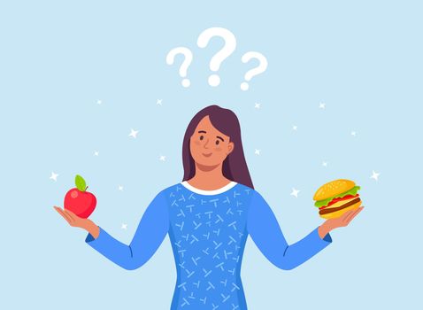 Woman choosing between healthy and unhealthy food. Fast Food and balanced menu comparison, dieting. Choice between Good and bad nutritions