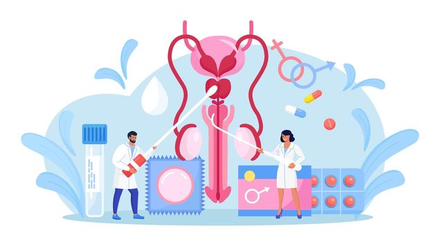 Urology concept. Urologist examining male reproductive system. Kidney and bladder treatment, hospital care. Doctors diagnosis sexually transmitted, venereal diseases. Bacterial infection