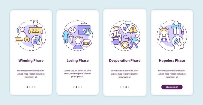 Phases of gambling addiction onboarding mobile app screen