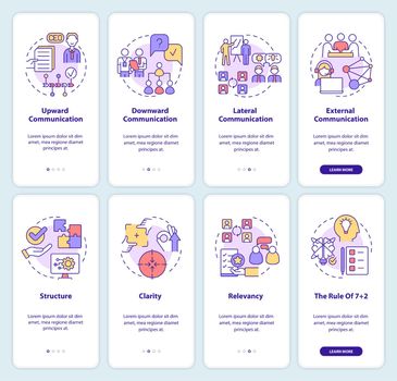Effective business communication onboarding mobile app screen set. Walkthrough 4 steps graphic instructions pages with linear concepts. UI, UX, GUI template. Myriad Pro-Bold, Regular fonts used