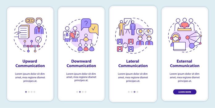 Business communication types onboarding mobile app screen. Team meeting walkthrough 4 steps graphic instructions pages with linear concepts. UI, UX, GUI template. Myriad Pro-Bold, Regular fonts used