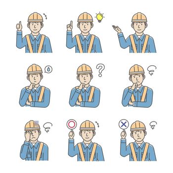 Male blue collar worker gesture variation illustration set 