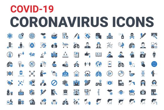 Coronavirus COVID 19 pandemic respiratory pneumonia disease related vector icons set.