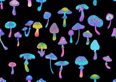 Magic mushrooms seamless pattern. Psychedelic hallucination. 60s hippie art. Vintage psychedelic fabric, wrapping, wallpaper. Vector repeating illustration.
