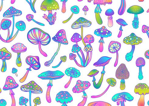 Magic mushrooms seamless pattern. Psychedelic hallucination. 60s hippie art. Vintage psychedelic fabric, wrapping, wallpaper. Vector repeating illustration.