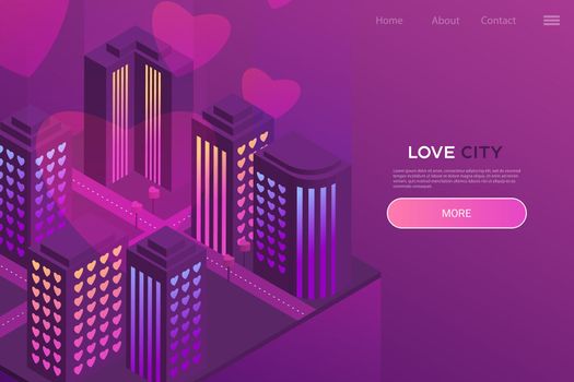 City of love, neon isometric illustration. Design for website, app. Modern style