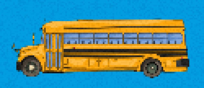 Pixel art school bus vector icon over blue
