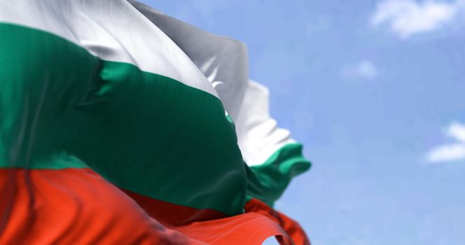 Detail of the national flag of Bulgaria waving in the wind on a clear day