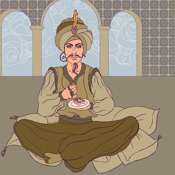 Fairy tale sultan: Arab men enjoying east sweets