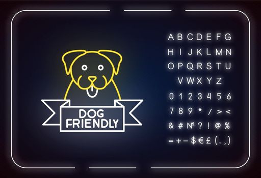 Dog friendly area neon light icon. Puppy permitted zone mark. Grooming, pets welcome institution. Outer glowing effect. Sign with alphabet, numbers and symbols. Vector isolated RGB color illustration