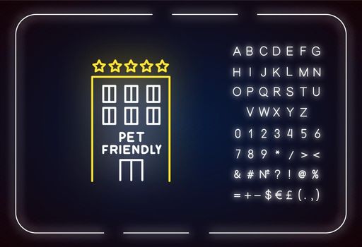 Pet friendly motel exterior neon light icon. Animals welcome, cats and dogs permitted hotel. Outer glowing effect. Sign with alphabet, numbers and symbols. Vector isolated RGB color illustration
