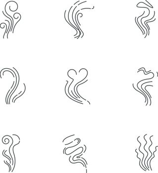 Odor pixel perfect linear icons set. Good and bad smell. Heart shape nice odour, fluid, perfume scent. Customizable thin line contour symbols. Isolated vector outline illustrations. Editable stroke