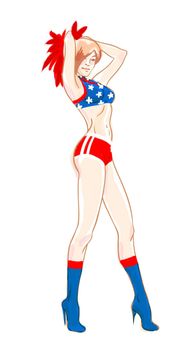 Pretty Cheerleader with Pom Poms in red and blue sexy uniform. American style. Full length portrait. Raster illustration