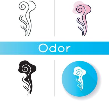 Good odor icon. Perfume scent swirl. Flavored fume smell. Aroma air wave, fume. Smoke puff, evaporation. Aromatic fragrance flow. Linear black and RGB color styles. Isolated vector illustrations